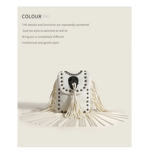 Close-up of white crossbody bag featuring metal studs, tassel fringe and skull detail