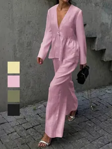 V Neck Long Sleeve Peplum Hem Top And Wide Leg Pants Cotton Linen Style Casual Vacation Outfits For Women