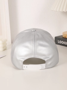 Rear view of silver PU leather baseball cap with white adjustable plastic strap buckle