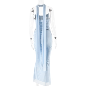 Detail of light blue mesh tube top dress with elegant hanging neck ties and ruching