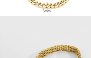Détail d'une chaîne gourmette dorée de 6 mm et d'un bracelet en maille métallique