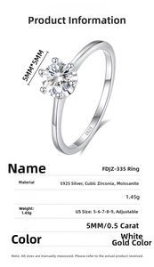 Detail view of adjustable S925 silver ring featuring a 5mm 0.5ct six-prong moissanite stone