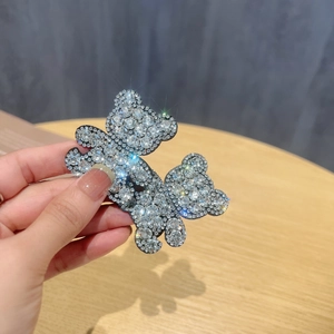 Sparkling rhinestone bear BB hair clips with silver base and colorful shimmer for girls