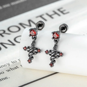 Gothic Snake Wrapped Cross Ear Cartilage Stud Titanium Steel Red Zirconia Screw Back Piercing Jewelry Men Women Cool
