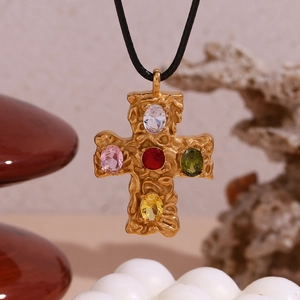 18K gold plated lava textured cross necklace with multi-color stones on black cord