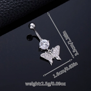 Macro shot of butterfly belly ring with zircon inlays and dimensions 3.5cm x 1.6cm