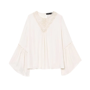 Women Elegant Off White Lace Patchwork Long Sleeve Blouse Flare Sleeve Pleated Satin Chiffon Round Neck Shirt