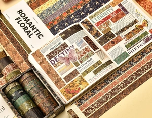 Detail of vintage washi tape set featuring floral patterns for creative DIY journaling