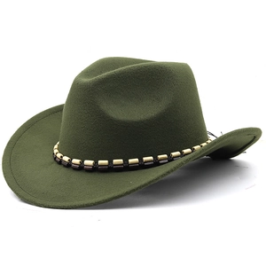 Detail of army green wool felt cowboy hat with two-tone beaded band decoration