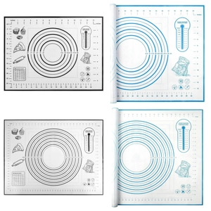 Detail view of thickened silicone baking mat with measurement scales and conversion tables