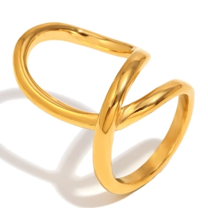 Minimalist 18K gold plated stainless steel double-layered crisscross ring on white background