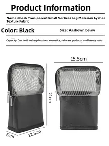 Detailed size view of black vertical makeup brush bag with dimensions 21x15.5x6cm