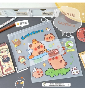 Detail view of translucent waterproof Capybara pencil pouches with circular zippers