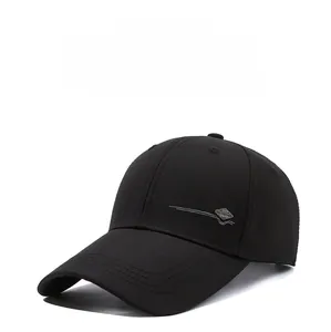 Detail of a black cotton baseball cap with embroidered SPORT text and long brim