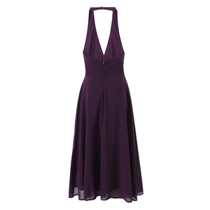 Back view of a deep purple halter neck chiffon dress featuring an open back and hidden zipper