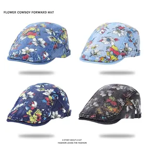 Berretto Piatto In Cotone Denim A Fiori Vintage Ivy Cap Regolabile Retro Newsboy Hat Unisex Protezione Solare Casual