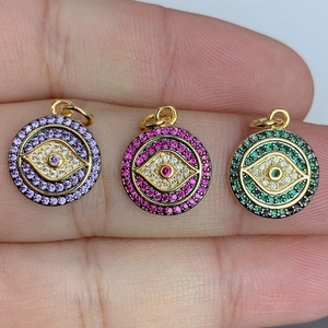 Evil Eye Pendant Charms Round Cubic Zirconia 18K Gold Plated Copper For Jewelry Making DIY Nazar Protective Accessories