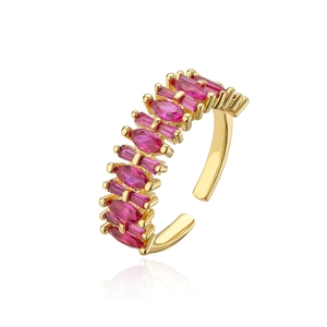 Detail of gold-plated open ring with vibrant red marquise and rectangle-cut zircons