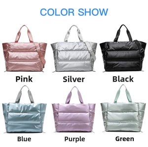 Grid view of large capacity quilted fitness bags in six glossy metallic colors