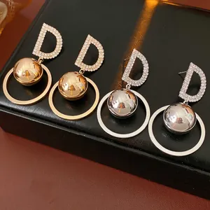 Metal D Letter Zircon Dangle Earrings With Silver Earring Post Polished Ball Hoop Fashion Jewelry For Women