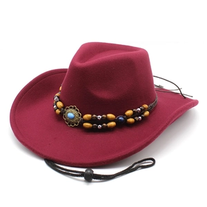 Classic wine red wool western cowboy hat with turquoise bead band and windproof strap