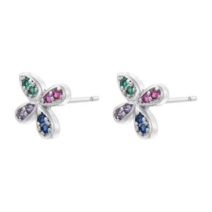 Macro view of silver clover stud earrings featuring colorful green, pink, and blue stones