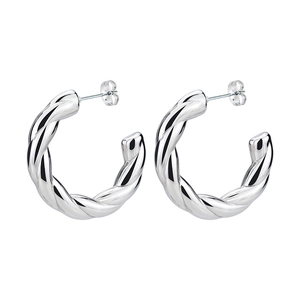 Silver twisted rope textured hoop earrings with minimalist geometric hollow design