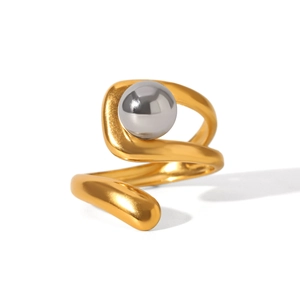 Minimalist geometric open stainless steel ring with gold band and silver spherical bead