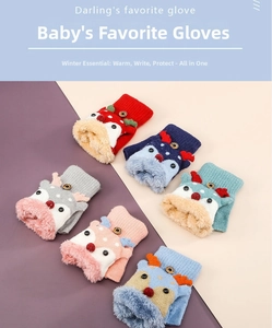 Detailed view of colorful winter reindeer flip-top gloves with faux fur trim and buttons