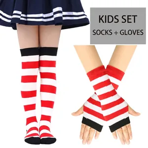 Detail view of striped knitted over-knee socks and fingerless gloves set for kids