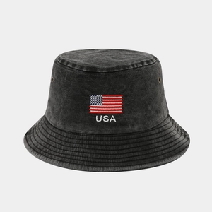 Detail of washed charcoal denim bucket hat with USA flag embroidery and metal eyelets