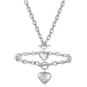 Polished silver stainless steel OT buckle chain jewelry set with 3D heart pendants
