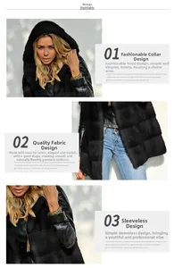Vue détaillée du gilet à capuche en fausse fourrure noire avec design en patchwork