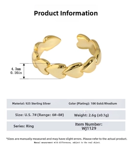 Detail view of S925 sterling silver heart ring width and adjustable size parameters