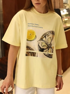 Γυναικείο Βαμβακερό T-Shirt Με Γραφικά Κοντό Μανίκι Καλοκαιρινό Casual Χαλαρό Τοπ Με Σχέδιο Στρείδι Λεμόνι Στρογγυλή Λαιμόκοψη