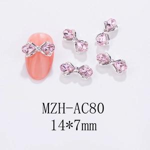Schleifen-Nagelkunst-Anhänger mit rosa Kristallen und Silberbasis, Größe 14x7mm für Maniküre