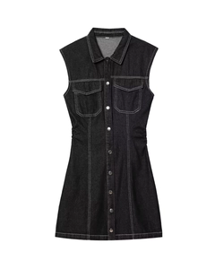 Detail of black denim sleeveless dress with contrast stitching and metal buttons