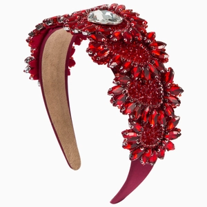 Serre-tête large de luxe avec cristaux rouges et diamant en forme de goutte