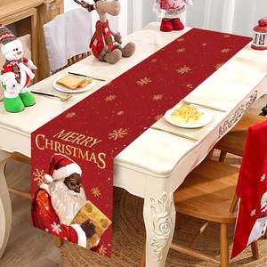 Christmas Table Runner Polyester Red Black Santa Claus Golden Snowflake Festive Holiday Dining Room Kitchen Table Decoration