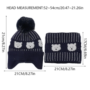 Navy blue winter knit hat and scarf set for boys with bear patterns and size dimensions
