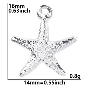 Silver starfish pendant dimensions showing 16mm height and 14mm width with 0.8g weight