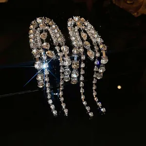 Silver fringe tassel earrings with sparkling teardrop zircons for luxury women's jewelry