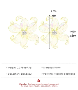 Detailed view of yellow iris flower earrings with crystal center and size measurements