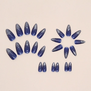 Sparkling almond galaxy blue press-on nails with silver glitter gradient set
