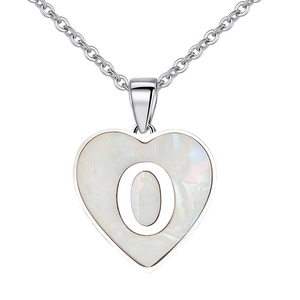 Silver titanium steel necklace with heart mother of pearl pendant and letter O charm