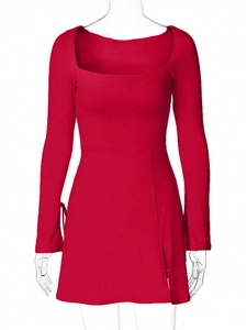 Detail view of red square neck dress featuring side slit and slim fit knitted fabric
