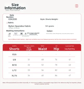 Detailed size chart for women's high-stretch yoga shorts featuring fabric and care specs