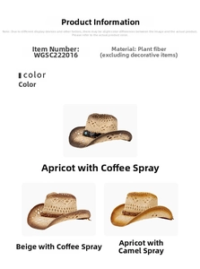 Detailed material and color chart for hollow woven western straw cowboy hats