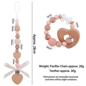 Handmade baby pacifier clip and wooden heart teether set with measurements 28cm length