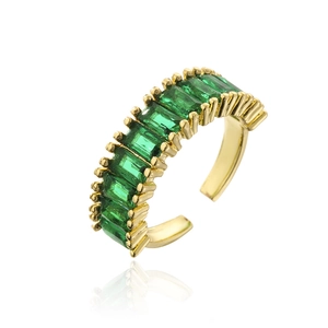 Detailed view of adjustable 18K gold ring with emerald green rectangular zircon stones